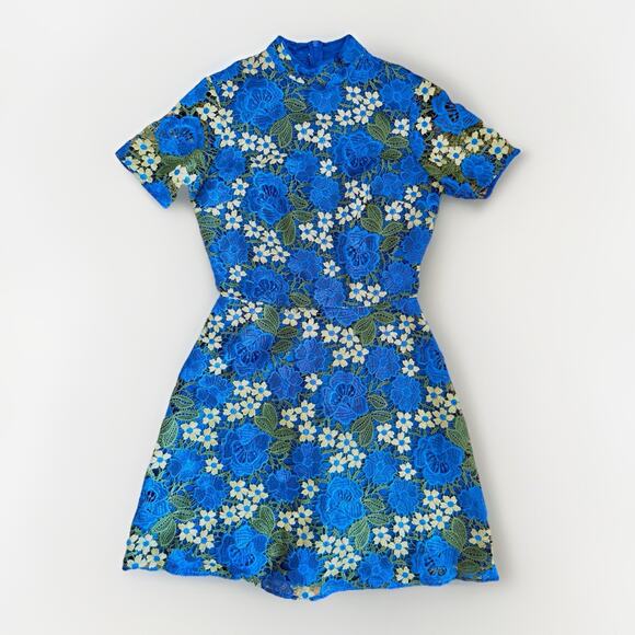 ASOS Blue and Green Lace High Neck Mini Dress Women's Size 2 - Picture 1 of 9
